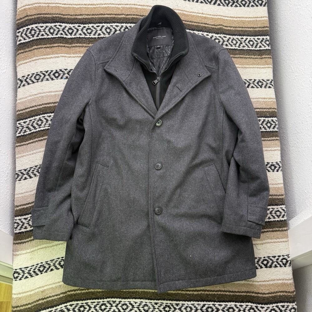 Men's Marc New York Andrew Marc Gray Wool Black Quilted Pea Coat Jacket Sz Large